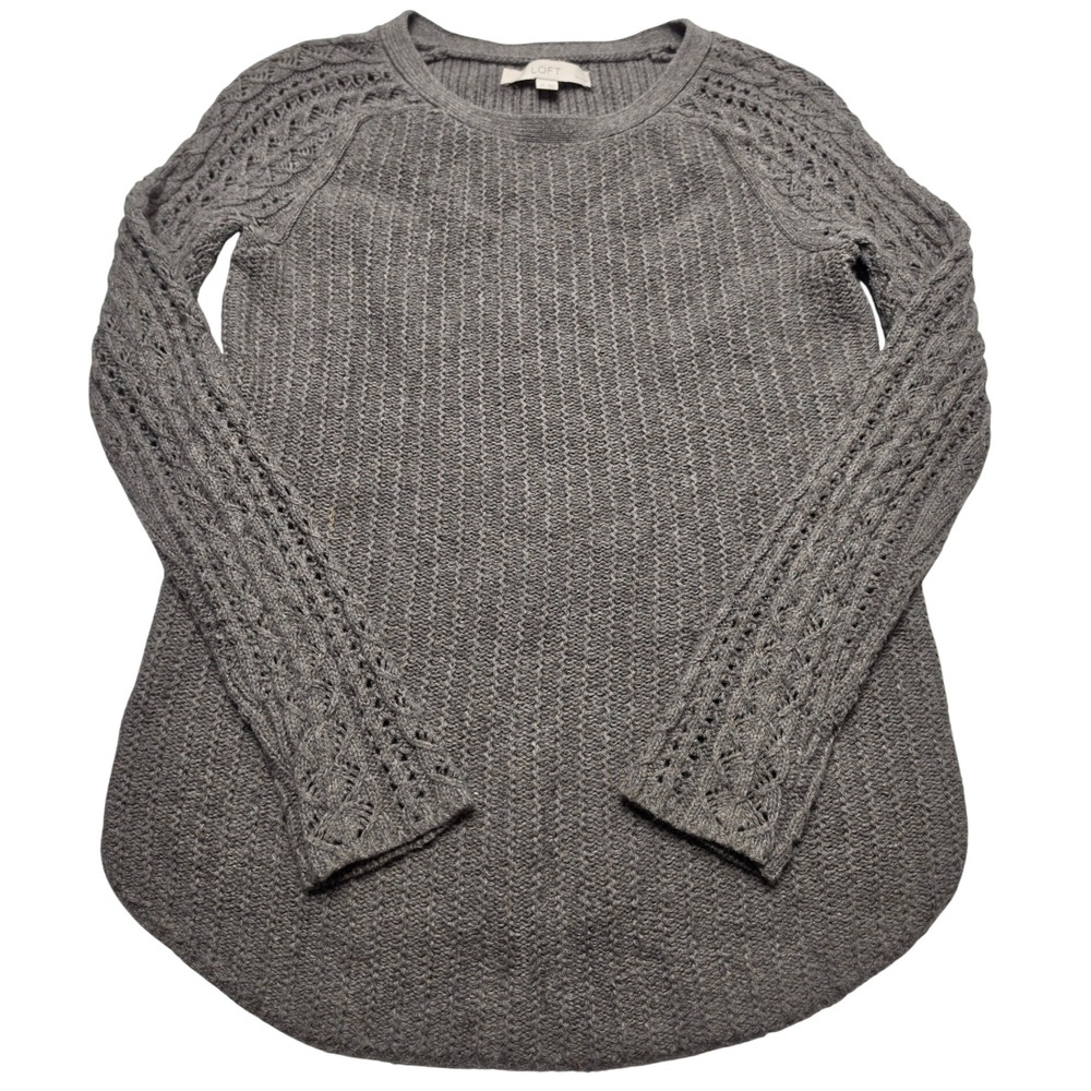LOFT Petites Gray Cable Knit Pointelle Sleeve Crew Neck Sweater SP